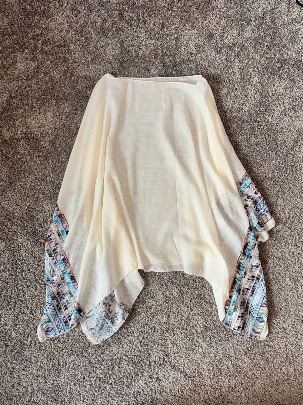 Cream and Blue Multicolored Boho Embroidered Peruvian Inspired Women's Poncho